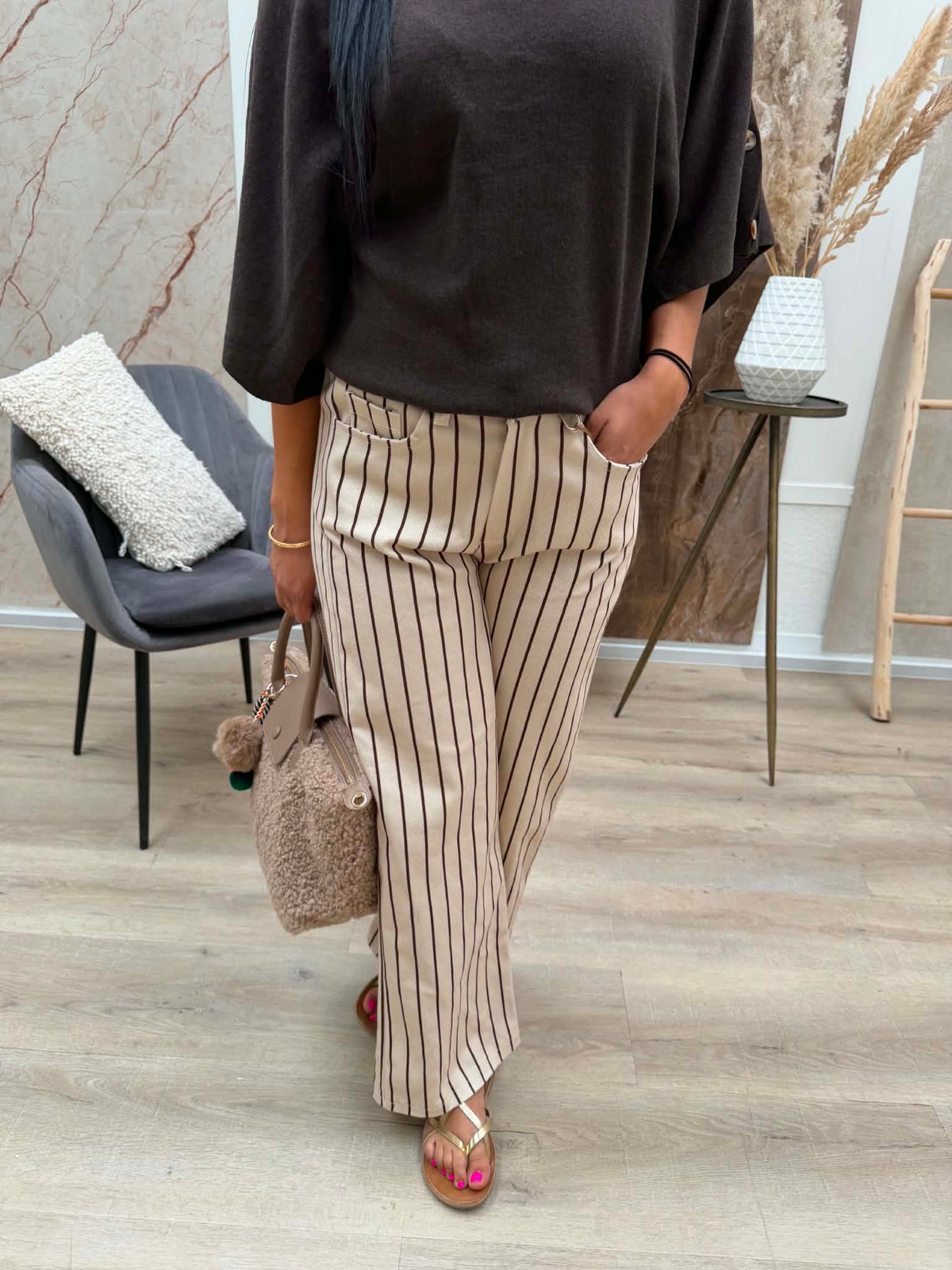 Olivia streep broek - bruin/beige