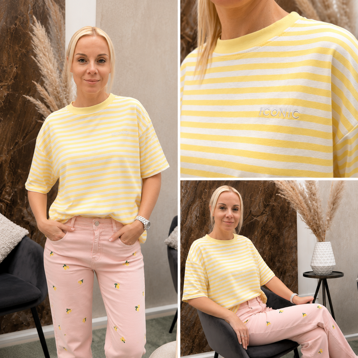 T-shirt Iconic stripes - wit/geel
